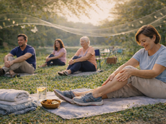 Menschen sitzen mit Abstand auf Decken im Grünen, in warmem Licht einer ruhigen Outdoor‑Runde.