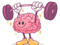 Eine freundliche Comic-Figur in Form eines Gehirns stemmt lächelnd eine schwere Hantel in die Höhe und versinnbildlicht so auf humorvolle Weise „mentales Training“ oder geistige Fitness.