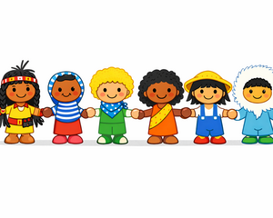 Kinder aus verschiedenen Kulturen stehen Hand in Hand.