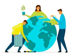 Illustration von drei Personen um einen großen Globus: Eine Frau hält eine Pflanze, ein Mann gießt die Erde mit einer Gießkanne und ein anderer Mann sammelt Abfall in einen Behälter. Die Grafik ist in flachem Design auf weißem Hintergrund gestaltet.