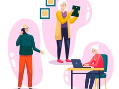 Eine Illustration zeigt drei Senioren bei der Nutzung digitaler Geräte: Ein Mann telefoniert mit einem Smartphone, eine stehende Frau hält ein Tablet hoch und eine weitere Frau sitzt an einem Tisch und arbeitet an einem Laptop.