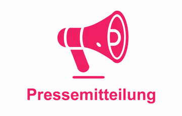 Magentafarbenes Megafon mit der Aufschrift „Pressemitteilung“ auf weißem Hintergrund.