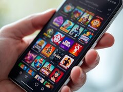 Eine Hand hält ein Smartphone, auf dessen Display eine Vielzahl bunter Spiele-Apps in einer Kachelansicht zu sehen ist. Der Hintergrund ist hell und unscharf.