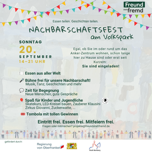 Plakat zum Nachbarschaftsfest am Volkspark am Sonntag, 20. September, von 14 bis 21 Uhr. Geboten werden Essen aus aller Welt, Musik, Tanz, Begegnungen, Kinderaktionen und eine Tombola. Eintritt und Essen sind kostenfrei. Veranstalter ist Freund statt fremd.