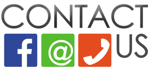 Der Schriftzug „CONTACT US“ steht über drei quadratischen Icons für Facebook, E-Mail (At-Zeichen) und Telefon in den Farben Blau, Grün und Orange.