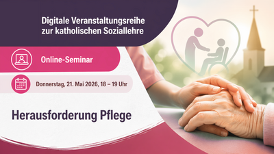 Grafik zu einem Online‑Seminar über Pflege, kombiniert mit Symbolen für digitale Veranstaltung und einer Nahaufnahme zweier sich haltender Hände.