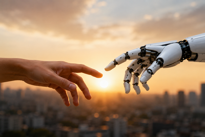 Eine menschliche Hand und eine Roboterhand nähern sich vor einem warmen Sonnenuntergang an. Im Hintergrund ist eine unscharfe Stadtsilhouette zu sehen. Das Bild symbolisiert die Beziehung zwischen Mensch und Künstlicher Intelligenz.