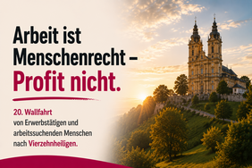 Sharepic zur Wallfahrt nach Vierzehnheiligen mit dem Titel „Arbeit ist Menschenrecht – Profit nicht.“ Zu sehen sind die Basilika Vierzehnheiligen, ein Pilgerweg und stilisierte Pilgerinnen und Pilger. Das Bild bewirbt die Wallfahrt für Erwerbstätige und arbeitsuchende Menschen nach Vierzehnheiligen.