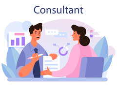 Eine flache Illustration mit der Überschrift „Consultant“ zeigt einen Berater im Gespräch mit einer Kundin, ergänzt durch Symbole für Diagramme und Datenanalyse.