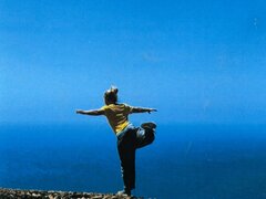 Eine Person in einem gelben T-Shirt balanciert auf einem Bein auf einer Steinmauer vor der weiten Kulisse eines tiefblauen Meeres und Himmels.