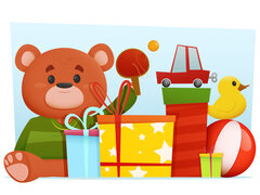 Eine farbenfrohe Illustration eines Teddybären neben einem Stapel Geschenke und Spielzeugen wie einem Auto, einer Ente und einem Ball.