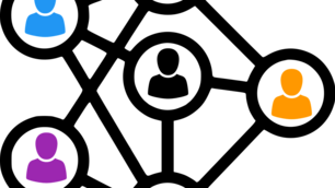 Eine Grafik zeigt sechs stilisierte Personen-Icons in verschiedenen Farben (Blau, Türkis, Schwarz, Orange, Gelb, Violett), die innerhalb von Kreisen durch schwarze Linien zu einem Netzwerk verbunden sind.