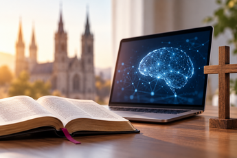 Geöffnetes Buch, Laptop mit Darstellung eines digitalen KI-Gehirns und Holzkreuz vor einer Kirche als Symbol für die Auseinandersetzung der katholischen Kirche mit Künstlicher Intelligenz.