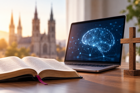 Geöffnetes Buch, Laptop mit Darstellung eines digitalen KI-Gehirns und Holzkreuz vor einer Kirche als Symbol für die Auseinandersetzung der katholischen Kirche mit Künstlicher Intelligenz.