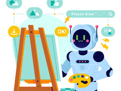 Eine Illustration zeigt einen kleinen, weiß-blauen Roboter mit der Aufschrift „AI“, der vor einer Holzstaffelei steht und eine Farbpalette hält. Über ihm schwebt eine Suchleiste mit dem Text „Please Draw...“ sowie verschiedene Icons für Bildgenerierung und ein Download-Symbol.