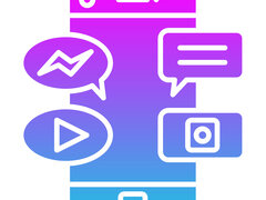 Eine stilisierte Smartphone-Illustration mit lila-blauem Farbverlauf, die von verschiedenen Social-Media-Icons wie Sprechblasen, einem Play-Button und einer Kamera umgeben ist.