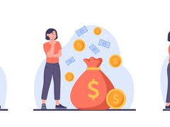 Eine dreiteilige Illustration zeigt eine Frau in verschiedenen Szenarien der Finanzplanung, vom Analysieren von Diagrammen über das Abwägen von Vermögen bis hin zum Einzahlen von Münzen in ein Sparschwein.