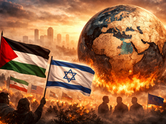 Eine dramatische, KI-generierte Illustration, die die Flaggen von Palästina und Israel im Vordergrund zeigt, während im Hintergrund eine brennende Erdkugel und eine zerstörte Stadtlandschaft unter einem düsteren Himmel zu sehen sind.