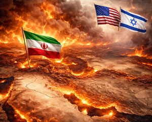 Dramatische Landschaft mit Feuer und Rauch, in der die Flaggen des Iran, der USA und Israels über aufbrechendem Boden stehen.