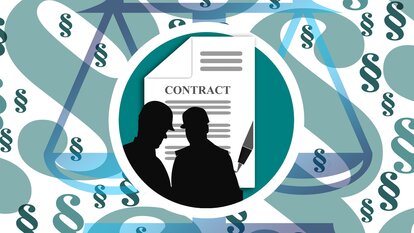 Vor einem Hintergrund aus zahlreichen Paragraphenzeichen und einer Waage zeigt ein runder Ausschnitt die Silhouetten zweier Bauarbeiter vor einem Vertragsdokument mit der Aufschrift „CONTRACT“.