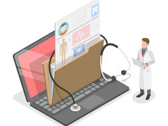 Illustration eines digitalen Gesundheitssystems mit Laptop, medizinischem Datenordner und einer Ärztin, die Unterlagen prüft.