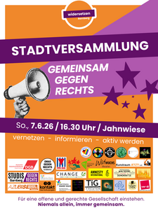 Plakat zur Stadtversammlung „Gemeinsam gegen Rechts“ am 7. Juni 2026 um 16:30 Uhr auf der Jahnwiese in Bamberg. Ziel der Veranstaltung ist Vernetzung, Information und gemeinsames Engagement für eine offene und gerechte Gesellschaft.