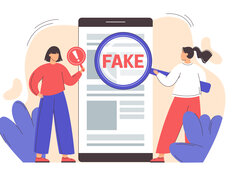 Illustration zweier Personen neben einem Smartphone, das das Wort FAKE zeigt; Symbol für das Erkennen von Falschinformationen.