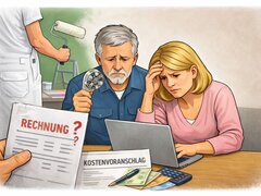 Zwei Personen sitzen am Tisch über Rechnungen und Kostenvoranschlägen, im Hintergrund arbeitet jemand an Renovierungen.