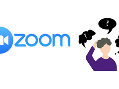 Neben dem bekannten blauen Zoom-Logo sieht man eine illustrierte Person, die sich ratlos am Kopf kratzt, während über ihr schwarze Gedankenblasen mit Fragezeichen aufsteigen.