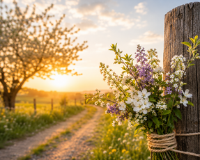 Blühende Wildblumen an einem Holzpfosten neben einem Feldweg im warmen Abendlicht.