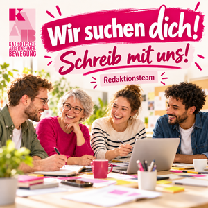 Grafik der KAB Bamberg zur Suche nach Mitarbeit im Redaktionsteam. Zu sehen sind mehrere Personen bei einer gemeinsamen Besprechung an einem Tisch.