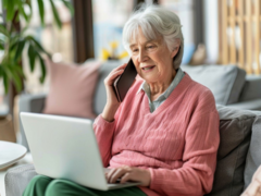 Eine ältere Frau mit grauen Haaren sitzt lächelnd auf einem Sofa, nutzt einen Laptop und telefoniert gleichzeitig mit einem Smartphone. Sie trägt einen rosa Strickpullover und befindet sich in einem hellen Wohnzimmer.