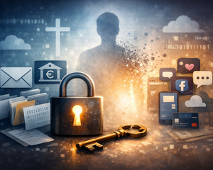 Zentrales Vorhängeschloss mit Schlüssel, umgeben von Symbolen für persönliche Daten und digitale Sicherheit.