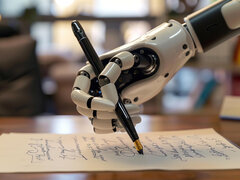 Nahaufnahme einer weißen Roboterhand, die mit einem schwarzen Füllfederhalter auf ein Blatt Papier schreibt. Der Hintergrund zeigt ein unscharf angedeutetes Büro oder eine Bibliothek mit Holztisch.