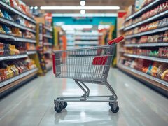 Ein leerer Metall-Einkaufswagen steht zentral in einem hell erleuchteten Supermarktgang zwischen zwei langen Regalen voller bunt sortierter Produkte.