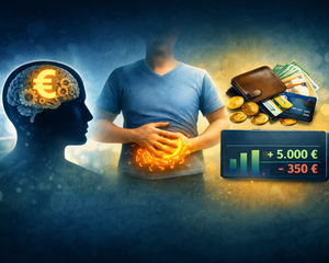 Bild: KI-generiert Eine surreale Montage visualisiert die Verbindung von Logik und Intuition bei Finanzentscheidungen, indem sie einen Kopf mit Zahnrädern und Euro-Symbol im Gehirn neben einem Mann mit einem leuchtenden „Bauchgefühl“ sowie Symbolen für Bargeld, Karten und Kontobewegungen zeigt.