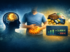 Eine surreale Montage visualisiert die Verbindung von Logik und Intuition bei Finanzentscheidungen, indem sie einen Kopf mit Zahnrädern und Euro-Symbol im Gehirn neben einem Mann mit einem leuchtenden „Bauchgefühl“ sowie Symbolen für Bargeld, Karten und Kontobewegungen zeigt.