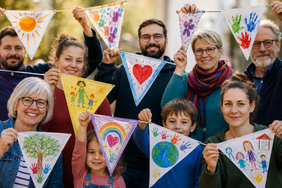Gruppe aus Erwachsenen und Kindern mit bunt gestalteten Wimpeln, die Gemeinschaft, Engagement und Unterstützung für Kindertagesstätten symbolisieren.