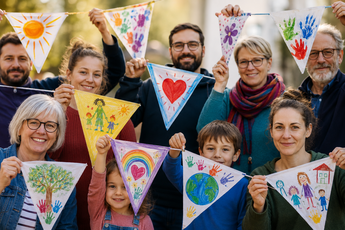 Gruppe aus Erwachsenen und Kindern mit bunt gestalteten Wimpeln, die Gemeinschaft, Engagement und Unterstützung für Kindertagesstätten symbolisieren.