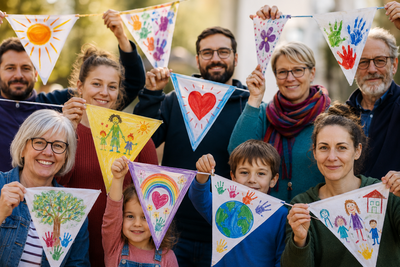 Gruppe aus Erwachsenen und Kindern mit bunt gestalteten Wimpeln, die Gemeinschaft, Engagement und Unterstützung für Kindertagesstätten symbolisieren.