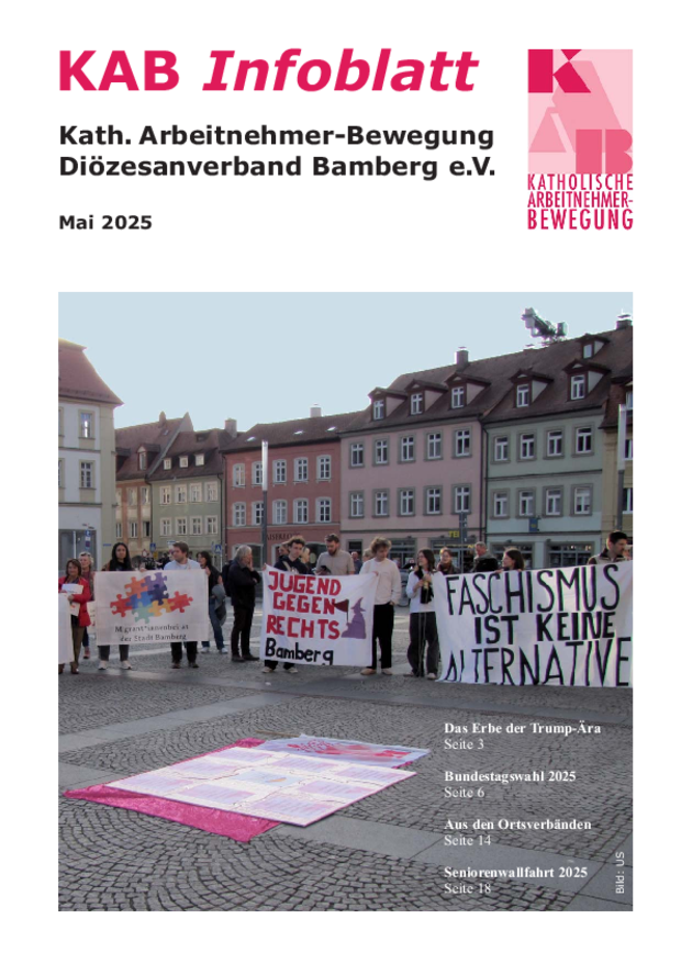 KAB-Infoblatt Mai 2025: Zur Internationalen Woche gegen Rassismus setzen wir ein deutliches Zeichen – mit unseren Bausteinen zum Schutz der Menschenwürde.