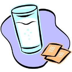 Eine Illustration eines hohen Glases mit einer weißen Flüssigkeit (wie Milch oder Wasser) und zwei kleinen, quadratischen Keksen oder Crackern daneben auf einem lila Hintergrund.
